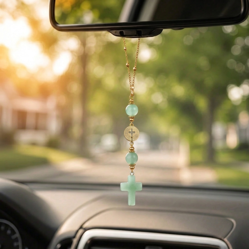 Handmade Cross Hanging Car Mirror Ornament With Decorative Stone Beads