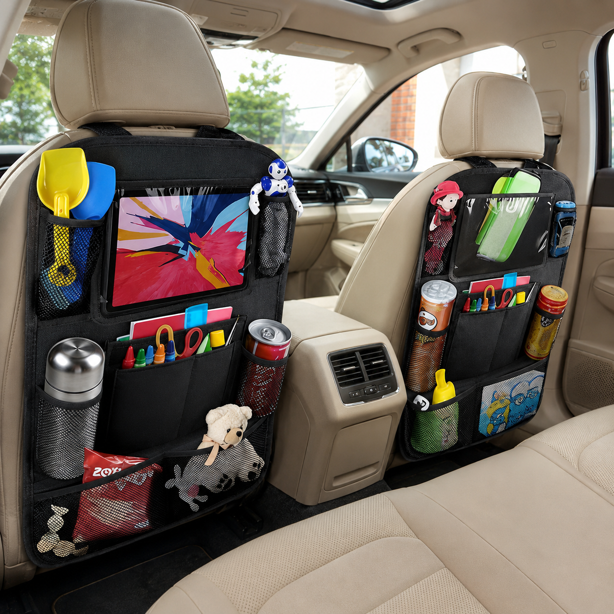 Car Rear Seat Organizer Bag For Drinks Tablets Toys And Accessories