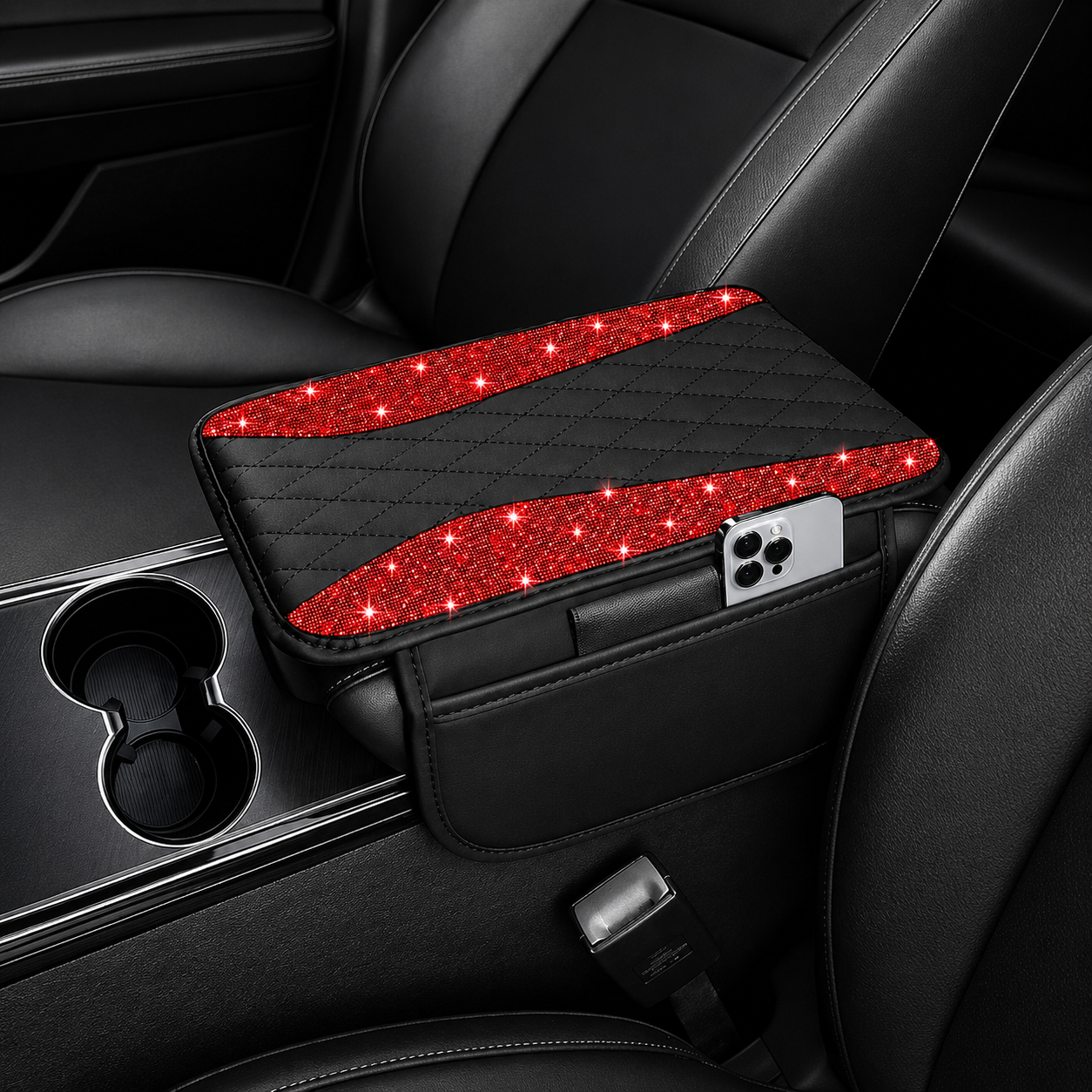 Sparkling Rhinestone Car Armrest Cover With Storage Pocket