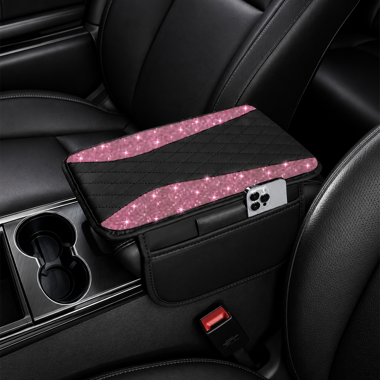 Sparkling Rhinestone Car Armrest Cover With Storage Pocket