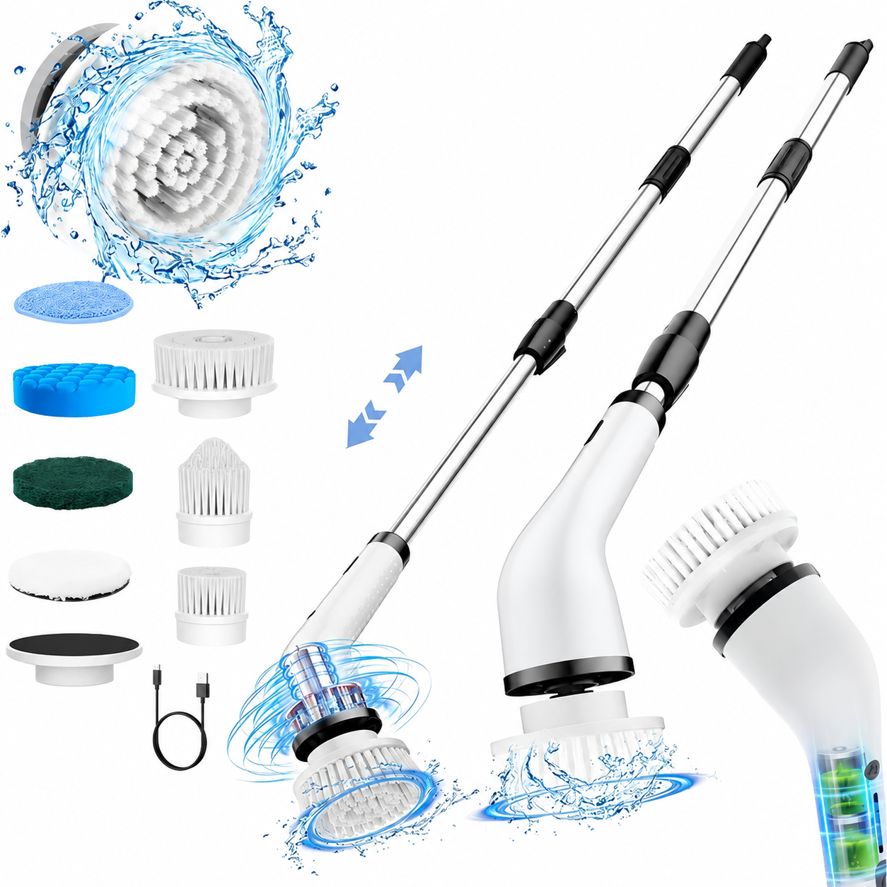 Spin Cleaning Scrubber Brush With Handle And Extendable Heads 