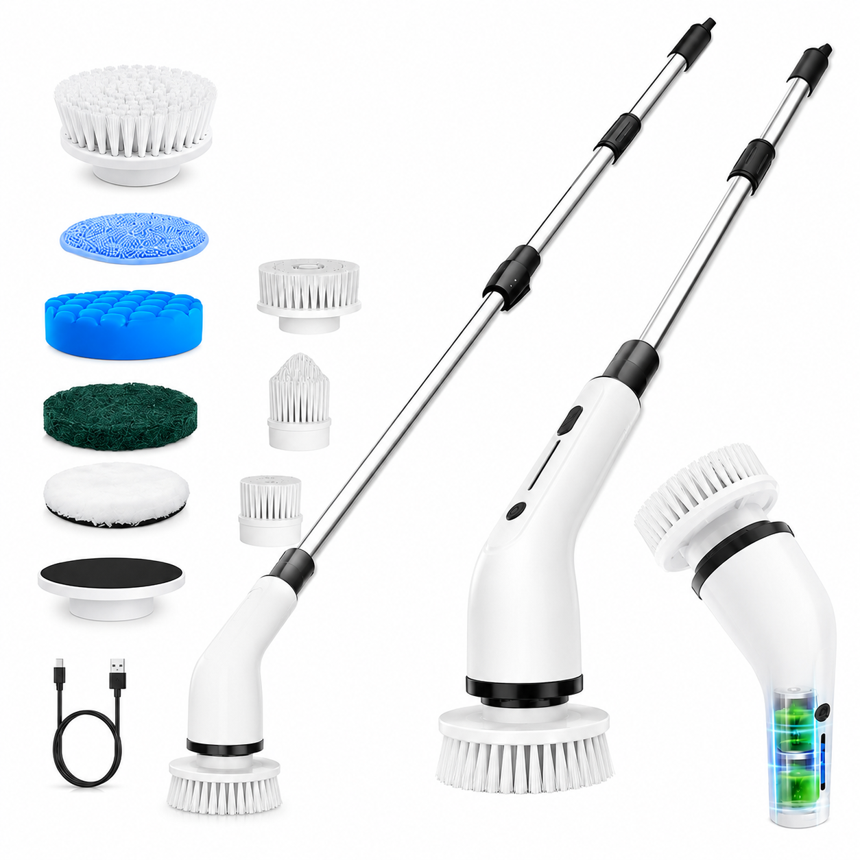 Spin Cleaning Scrubber Brush With Handle And Extendable Heads 
