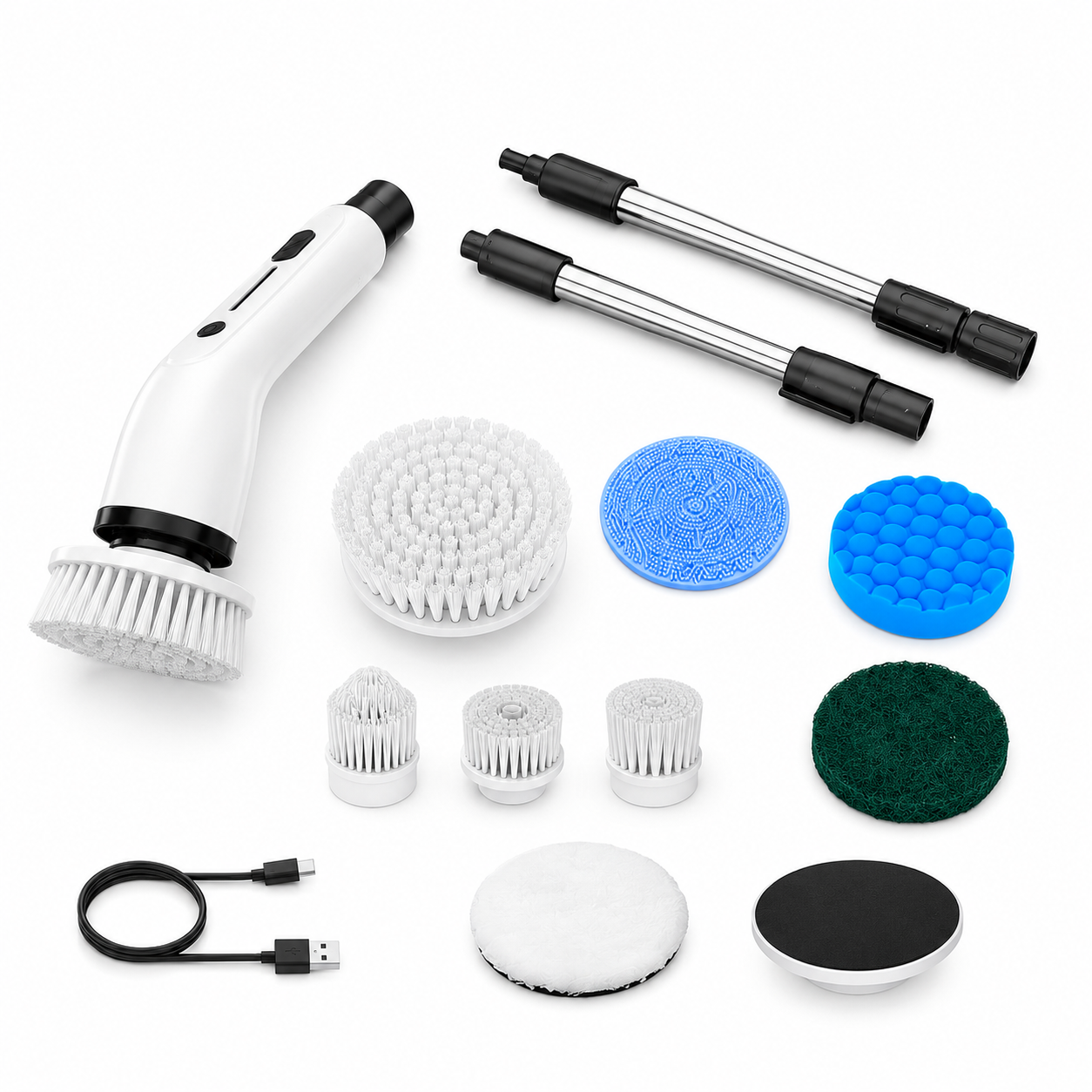 Spin Cleaning Scrubber Brush With Handle And Extendable Heads 