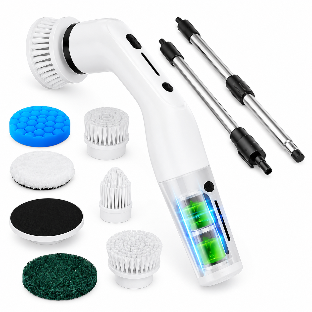 Spin Cleaning Scrubber Brush With Handle And Extendable Heads 