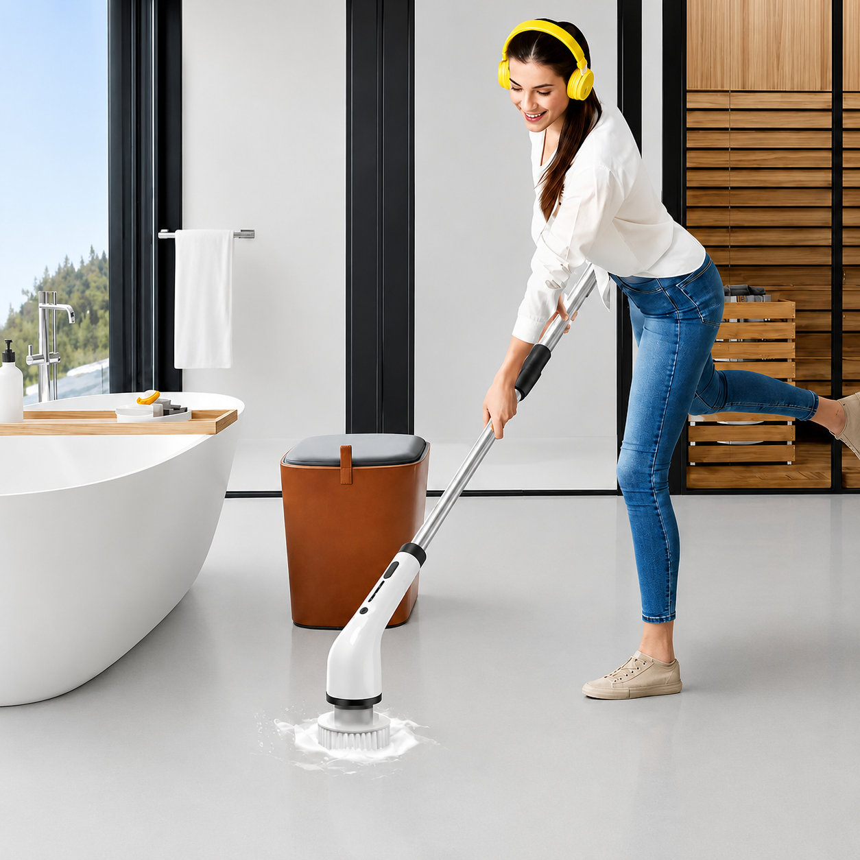 Spin Cleaning Scrubber Brush With Handle And Extendable Heads 