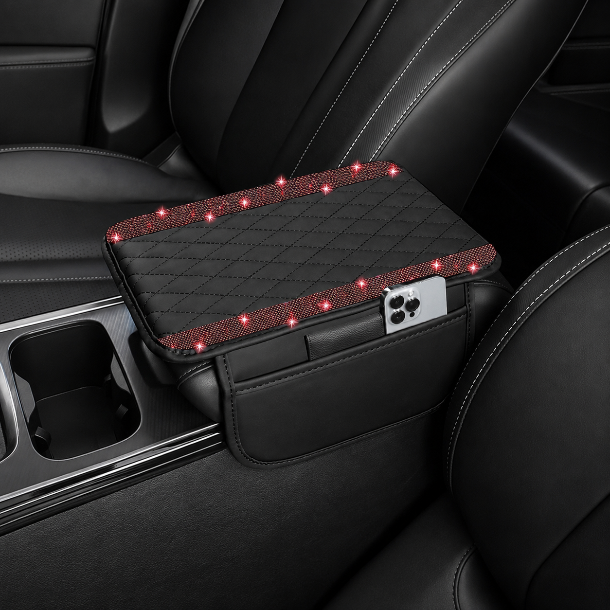 Sparkling Rhinestone Car Armrest Cover With Storage Pocket
