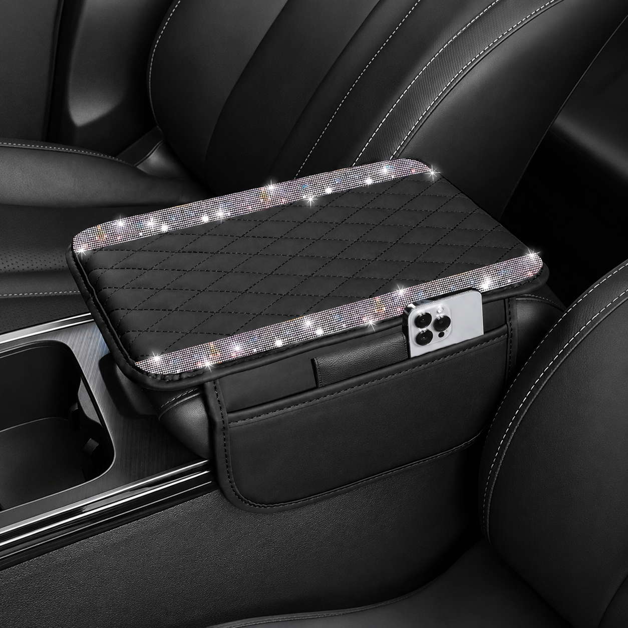 Sparkling Rhinestone Car Armrest Cover With Storage Pocket