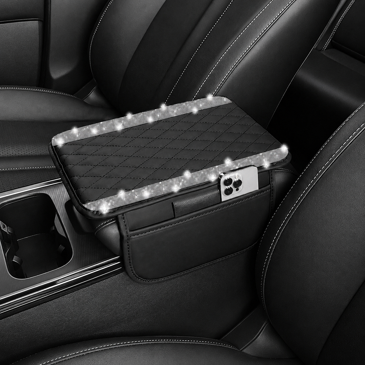 Sparkling Rhinestone Car Armrest Cover With Storage Pocket