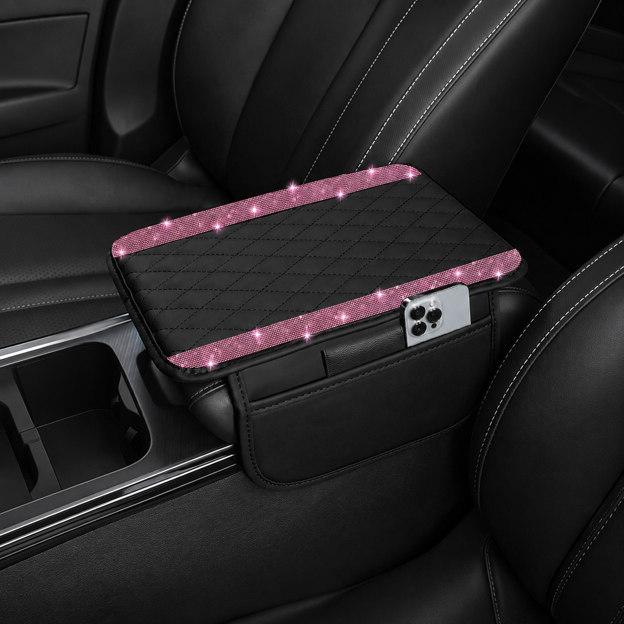 Sparkling Rhinestone Car Armrest Cover With Storage Pocket