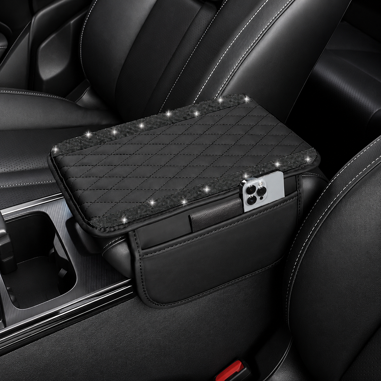 Sparkling Rhinestone Car Armrest Cover With Storage Pocket