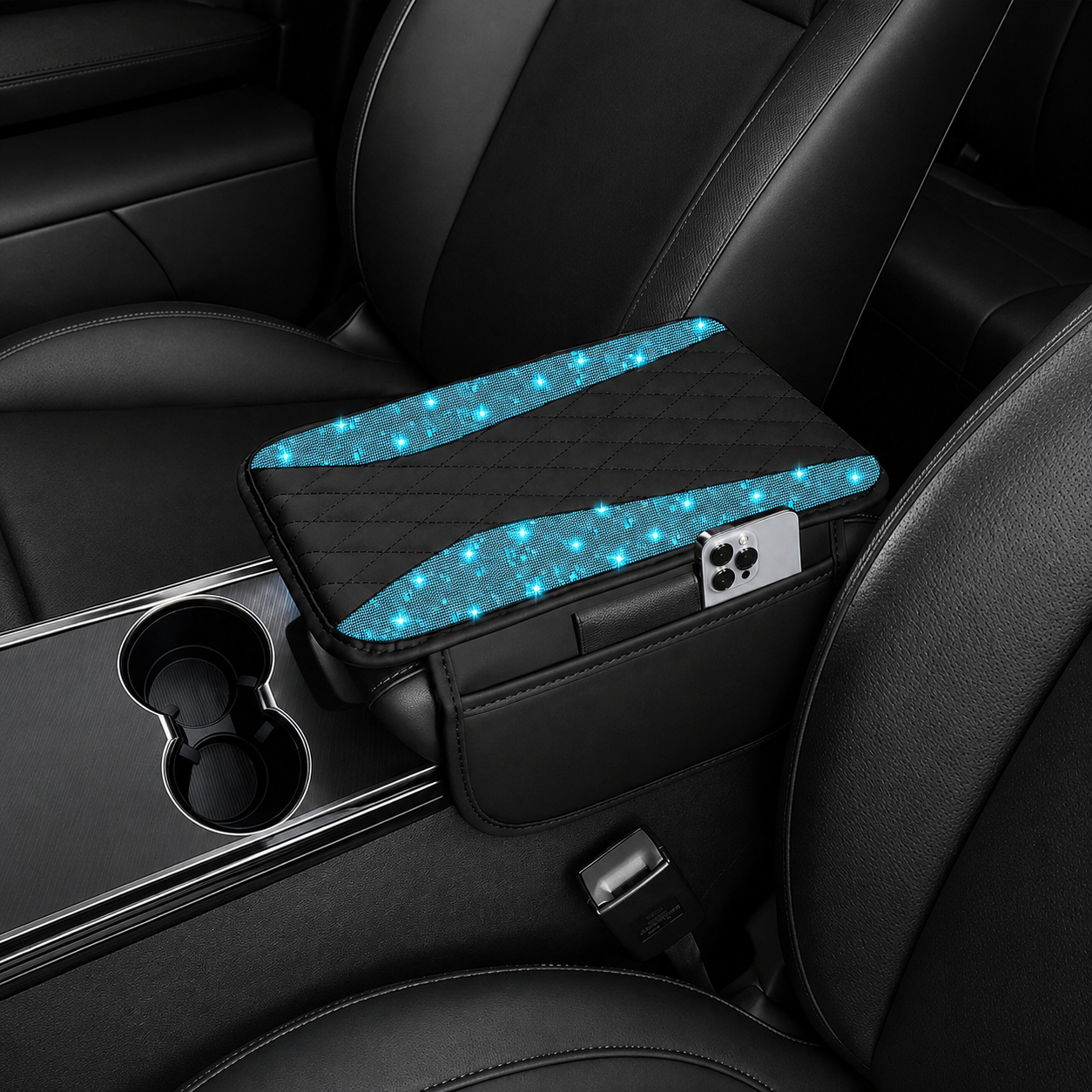 Sparkling Rhinestone Car Armrest Cover With Storage Pocket