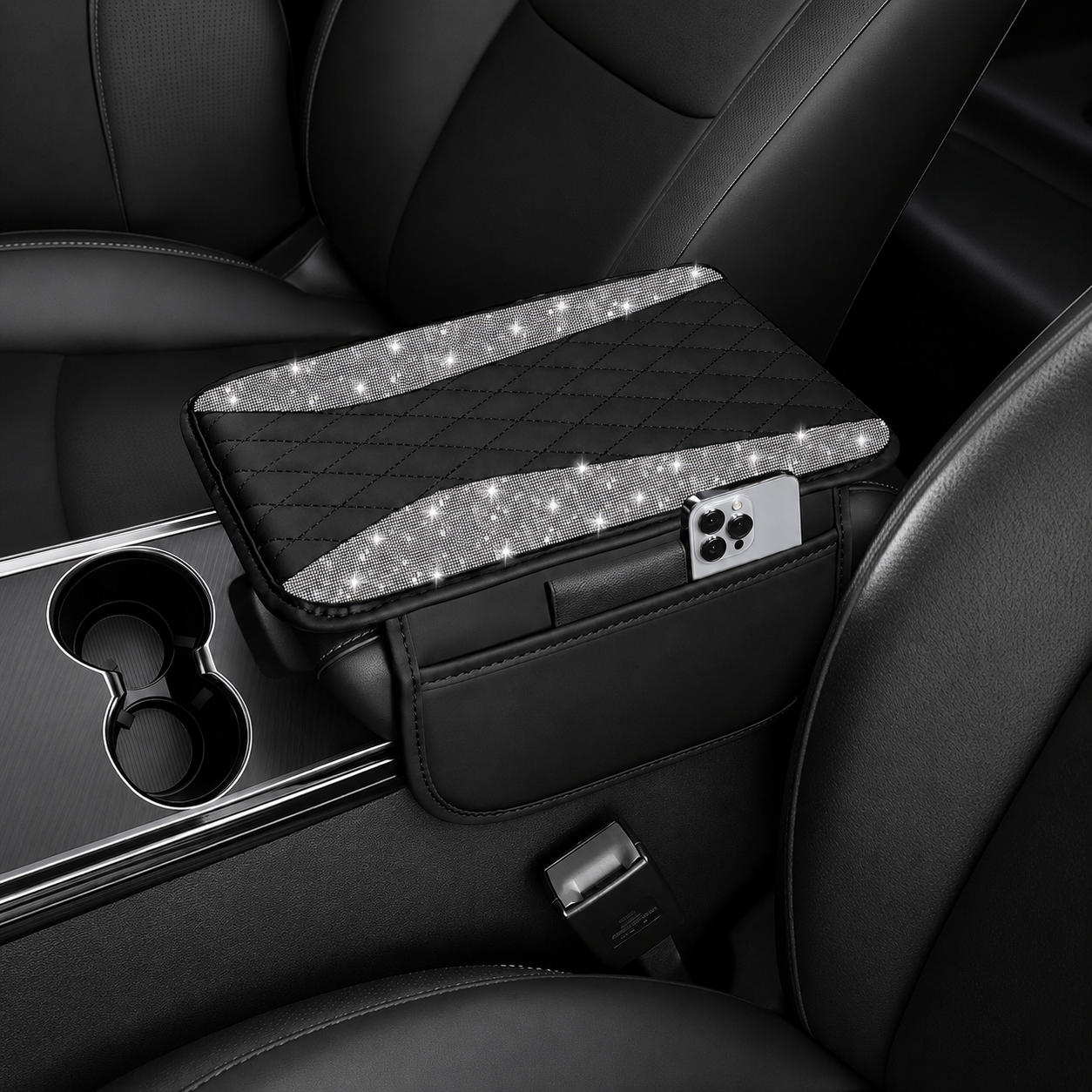 Sparkling Rhinestone Car Armrest Cover With Storage Pocket