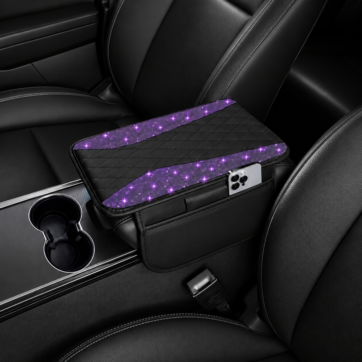 Sparkling Rhinestone Car Armrest Cover With Storage Pocket