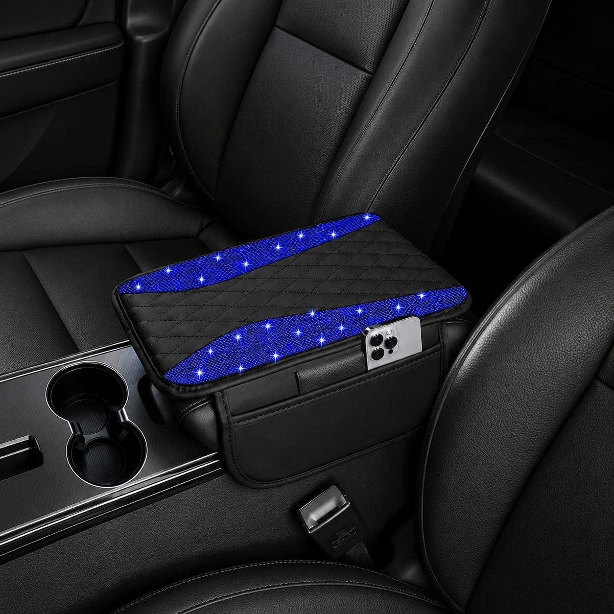 Sparkling Rhinestone Car Armrest Cover With Storage Pocket