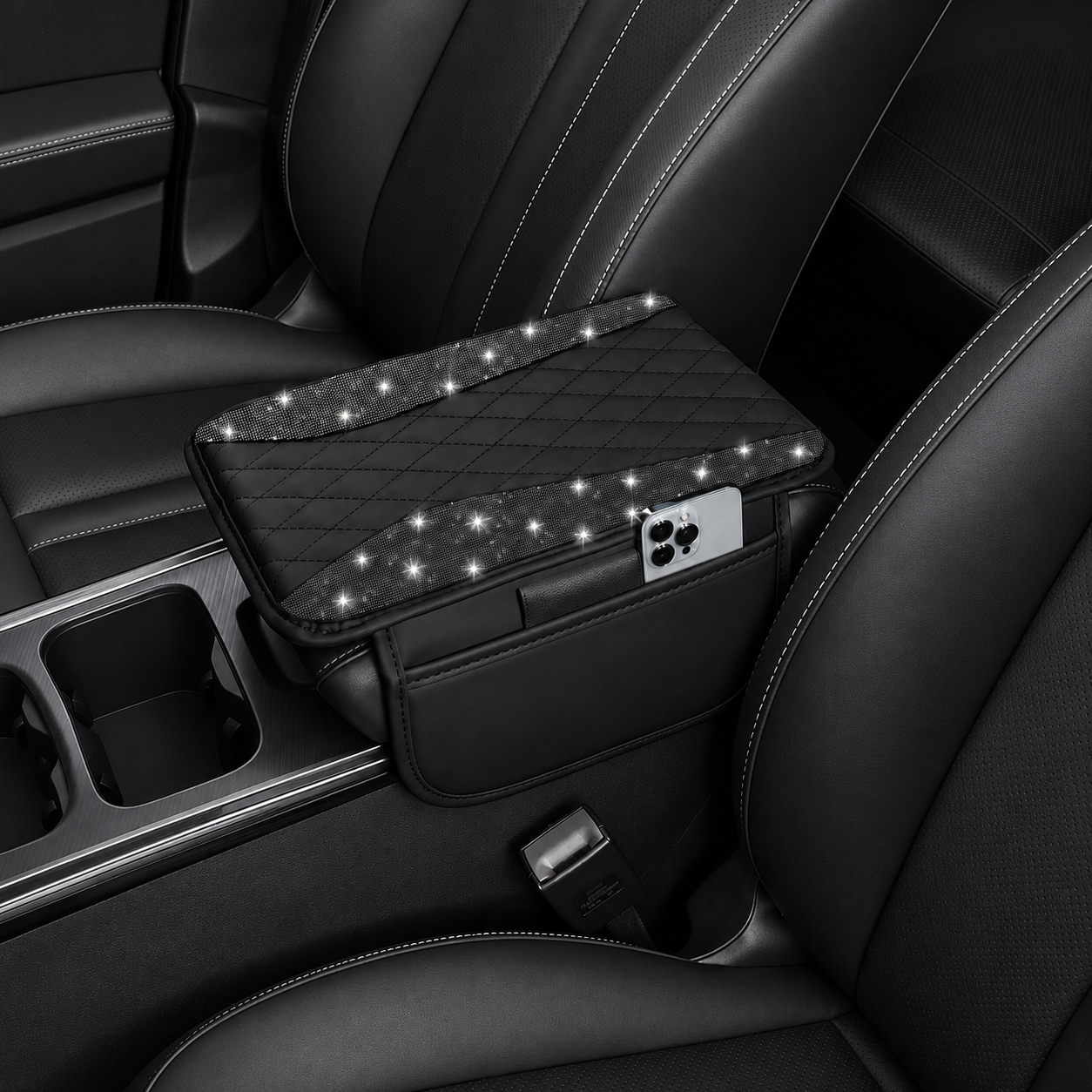 Sparkling Rhinestone Car Armrest Cover With Storage Pocket