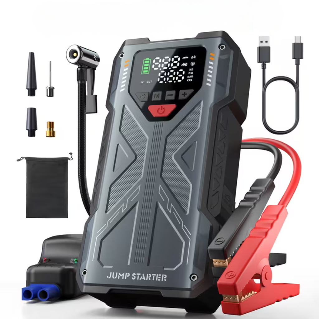 12V Battery Booster Portable Jump Starter With 150 PSI Air Compressor And LED Light