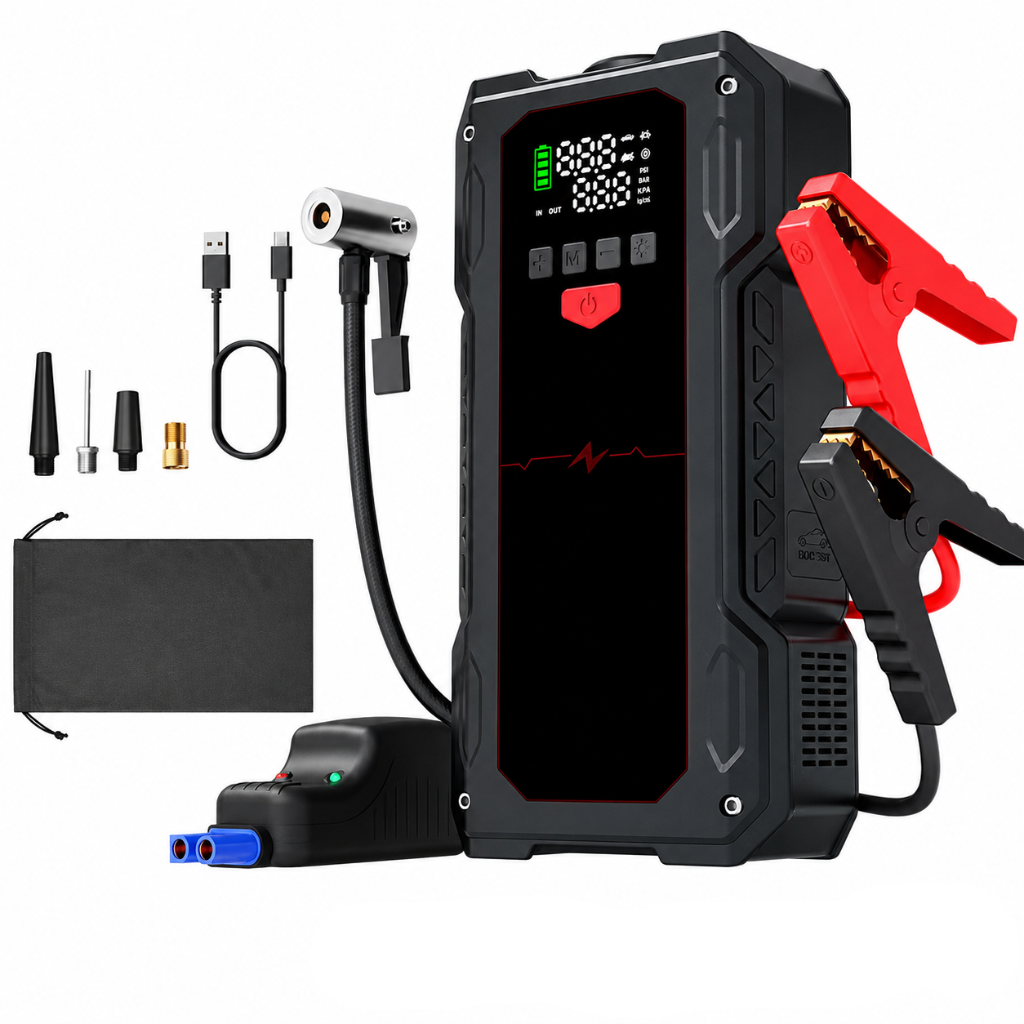 12V Battery Booster Portable Jump Starter With 150 PSI Air Compressor And LED Light