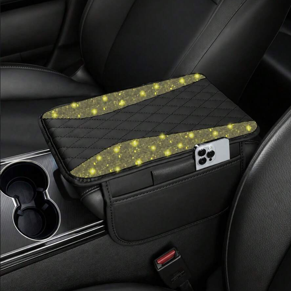Sparkling Rhinestone Car Armrest Cover With Storage Pocket