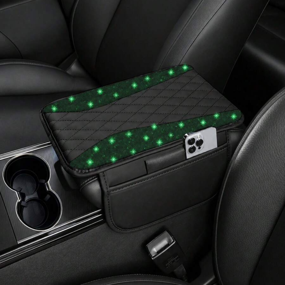 Sparkling Rhinestone Car Armrest Cover With Storage Pocket