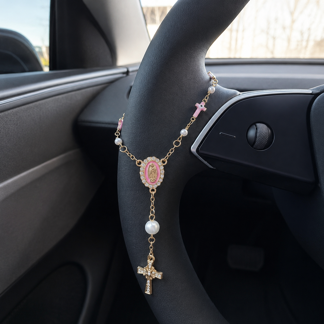 Pearl Cross Steering Wheel Rosary Car Pendant Interior Ornament Decor