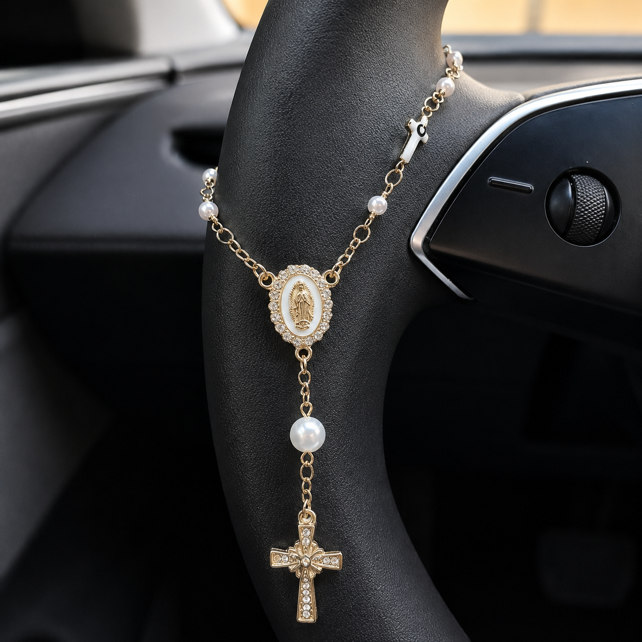 Pearl Cross Steering Wheel Rosary Car Pendant Interior Ornament Decor