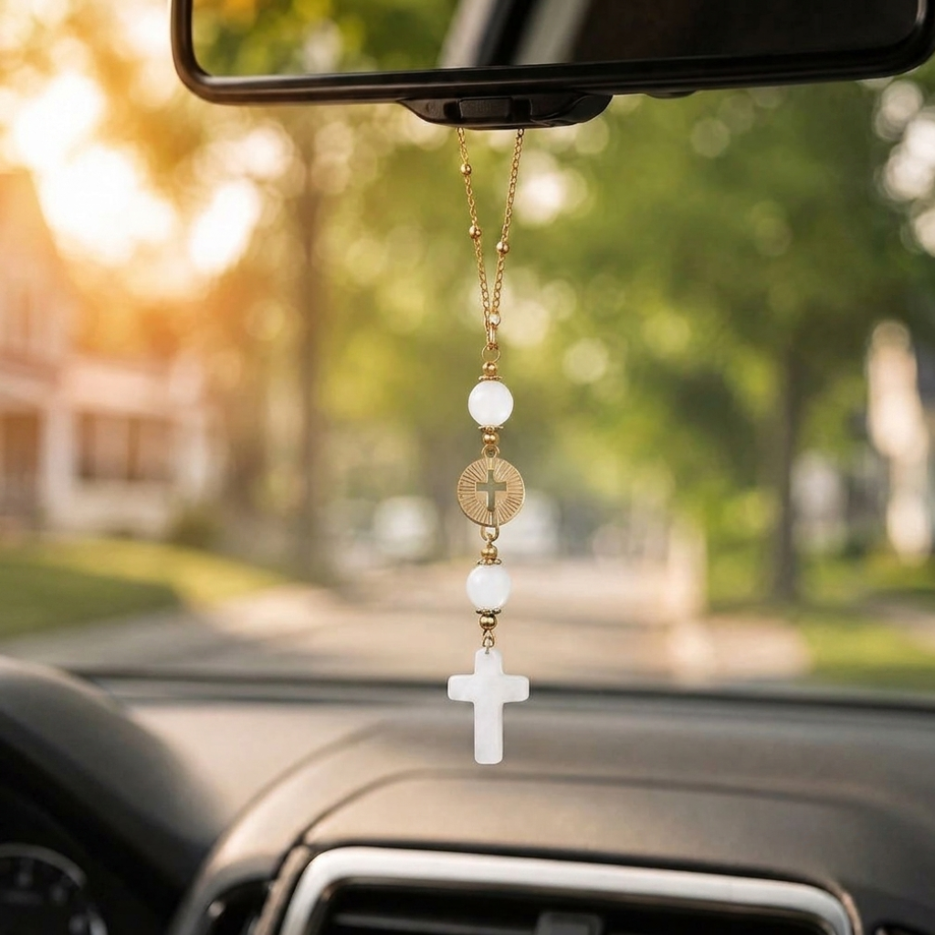 Handmade Cross Hanging Car Mirror Ornament With Decorative Stone Beads