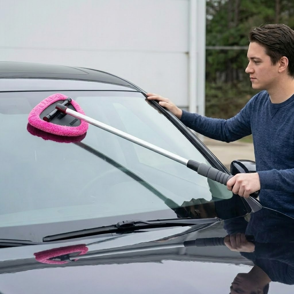 Windshield Cleaner Tool With Extendable Handle And 2 Microfiber Pads For Car Interior & Exterior Glass Cleaning