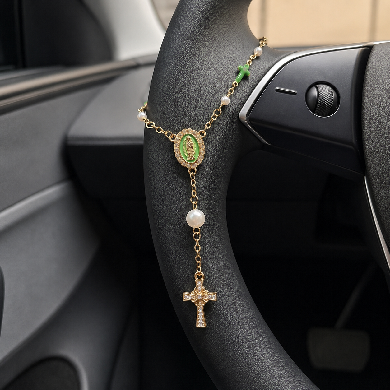 Pearl Cross Steering Wheel Rosary Car Pendant Interior Ornament Decor