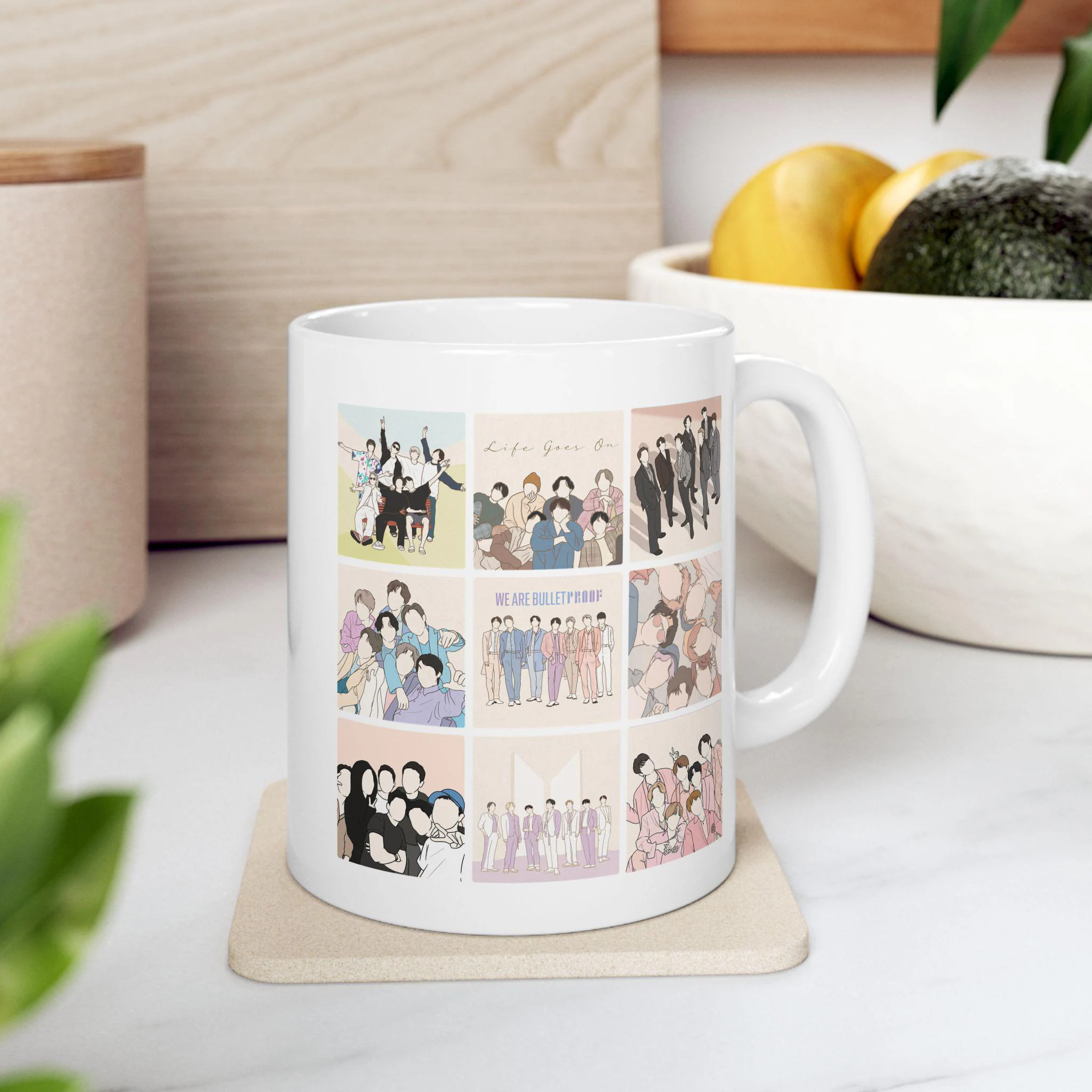 White ceramic coffee mug featuring a collage of music artist fan art and photos