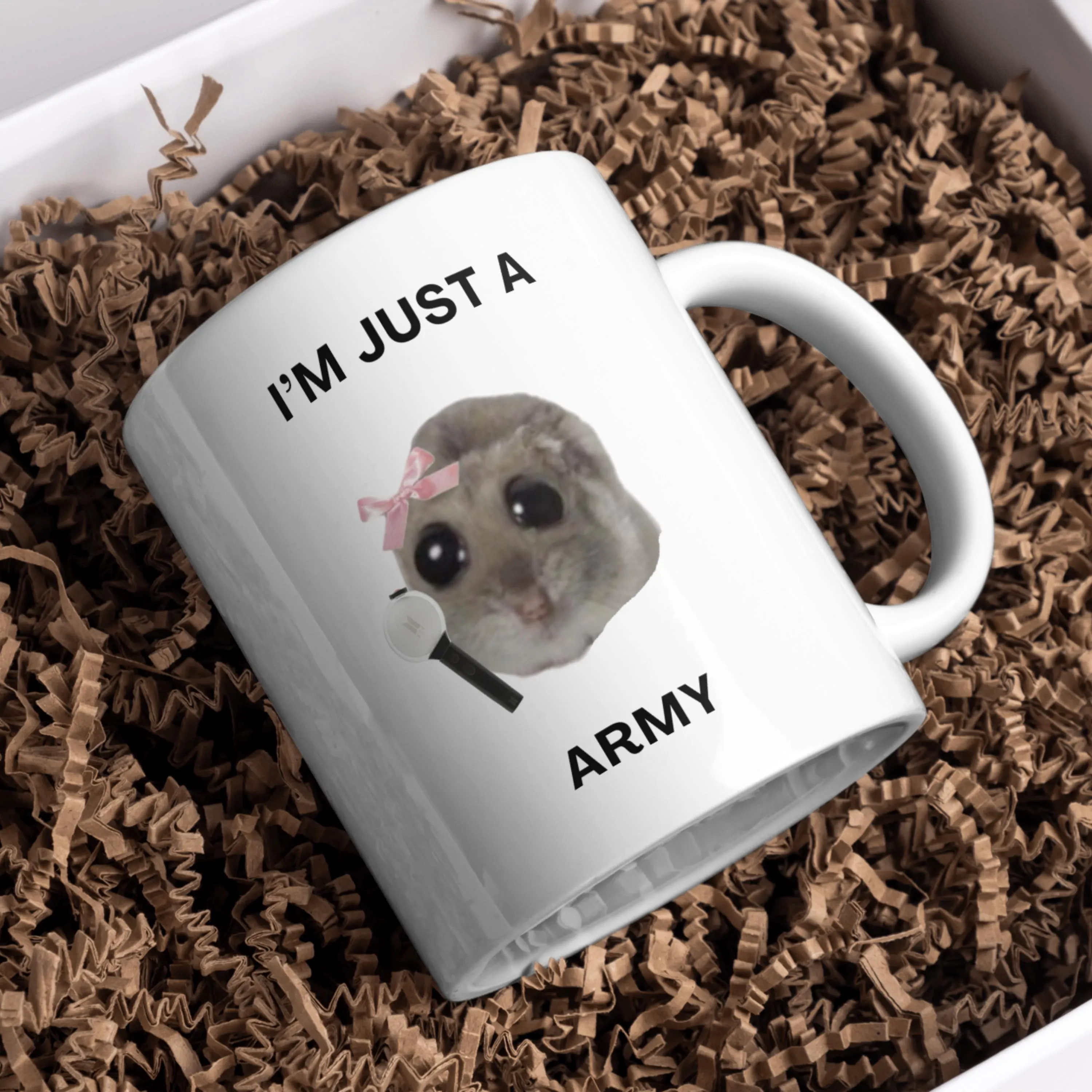 White ceramic mug with funny hamster meme design
