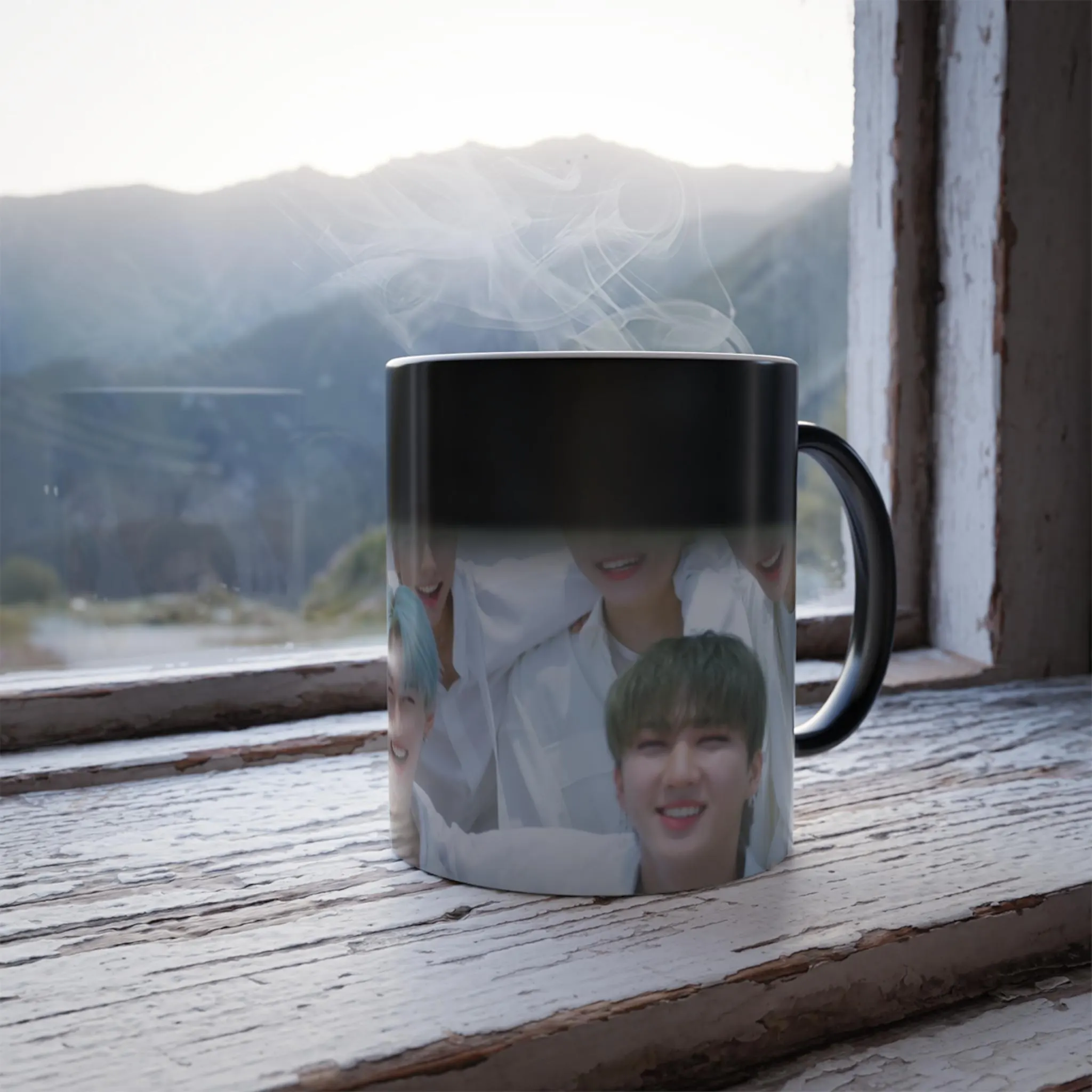 Stray Kids color changing ceramic mug showing a photo of the band members when hot beverage is added