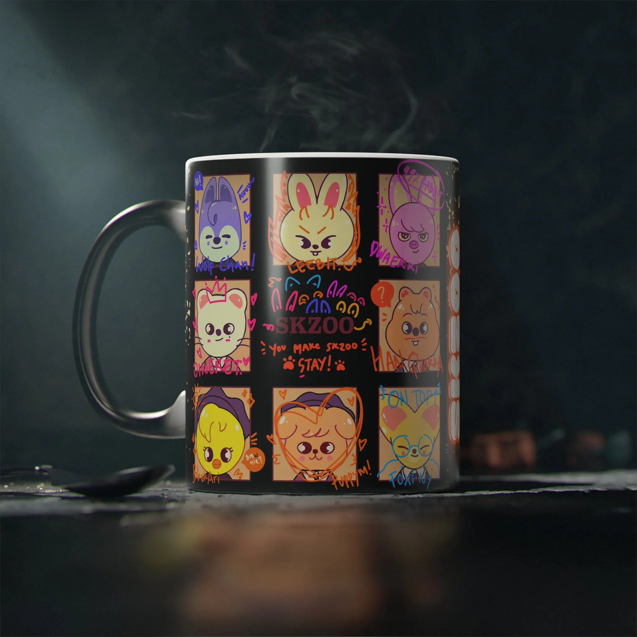 SKZOO character grid heat reactive ceramic mug showing color morphing design with Wolf Chan and Leebit