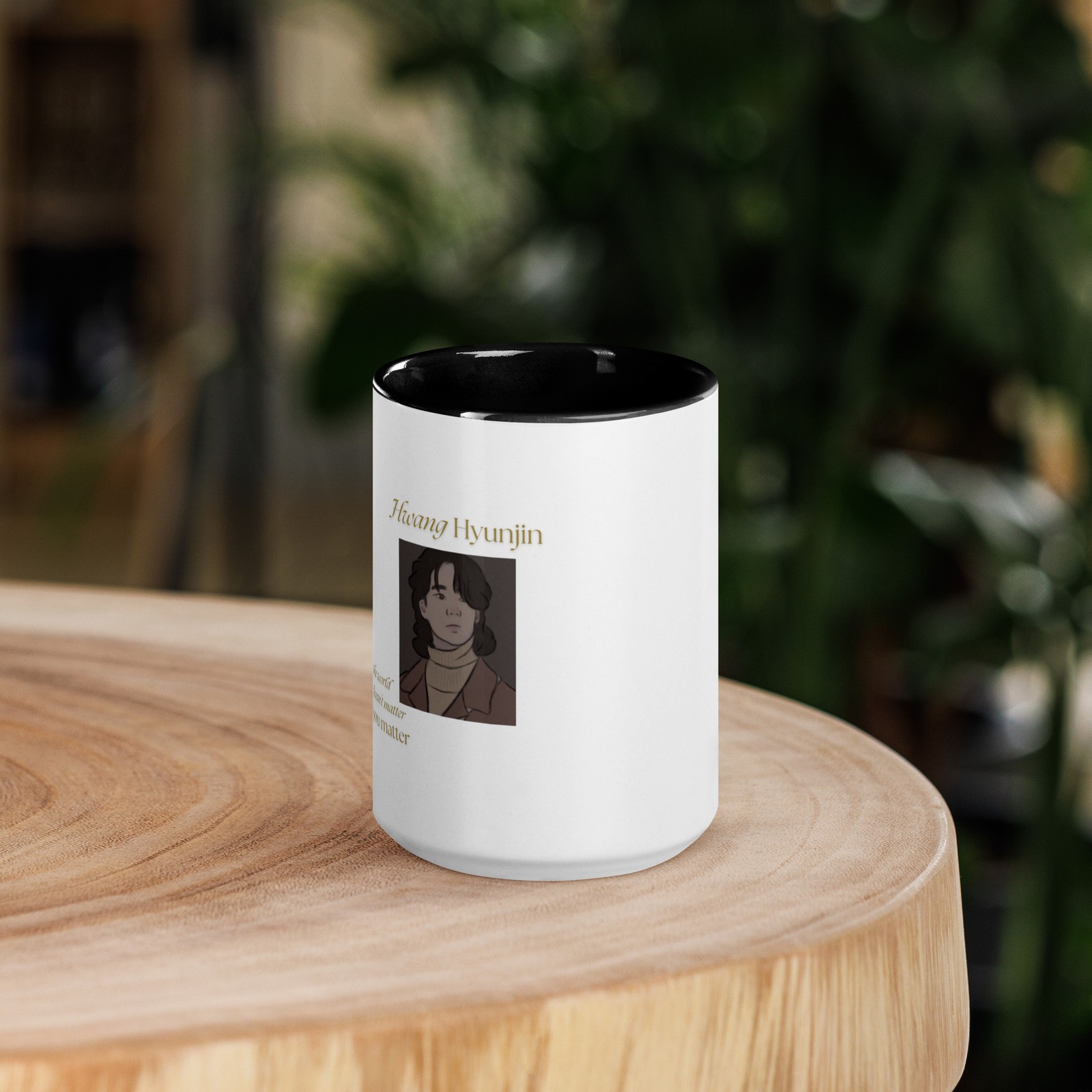Ceramic coffee mug featuring an artistic illustration of Hwang Hyunjin from Stray Kids with a dark interior finish