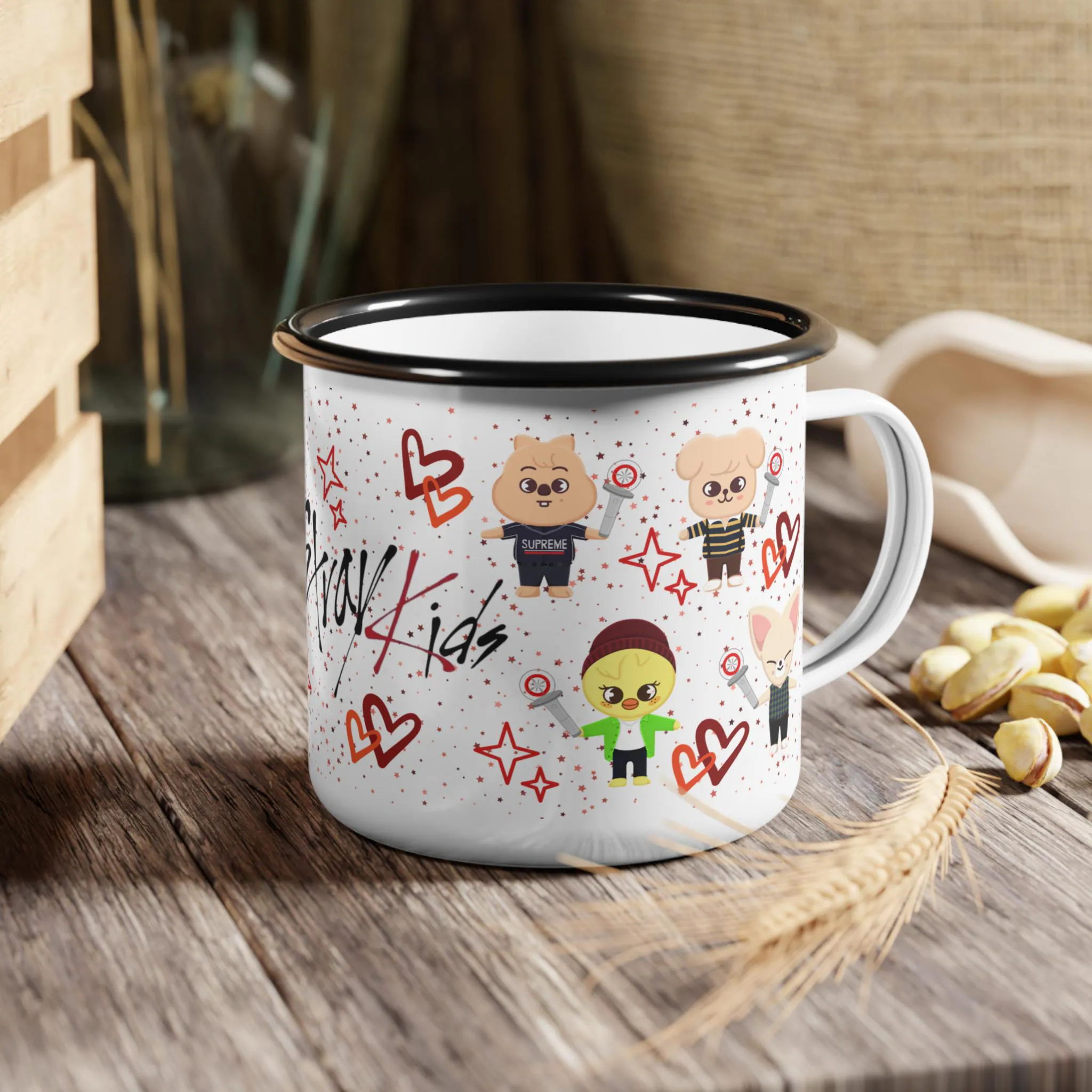 Stray Kids Skzoo Cartoon Character Enamel Camping Mug with Heart Pattern