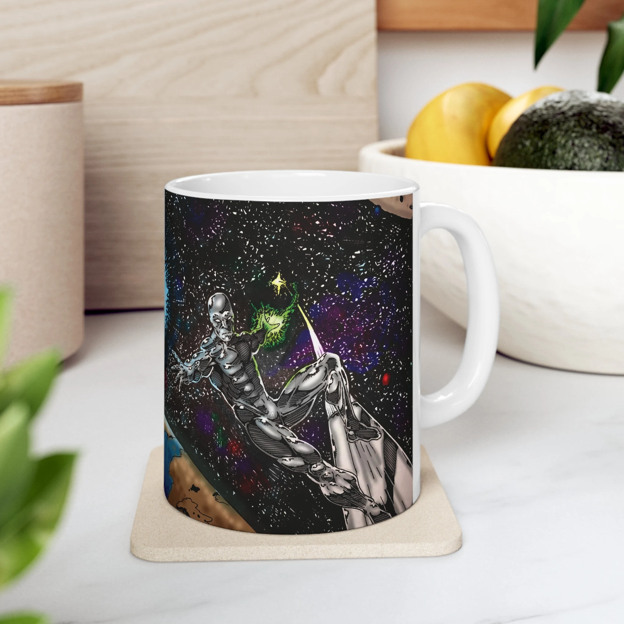 Silver Surfer Ceramic Mug Showing Cosmic Surfer In Deep Space Gliding Over Planet Earth