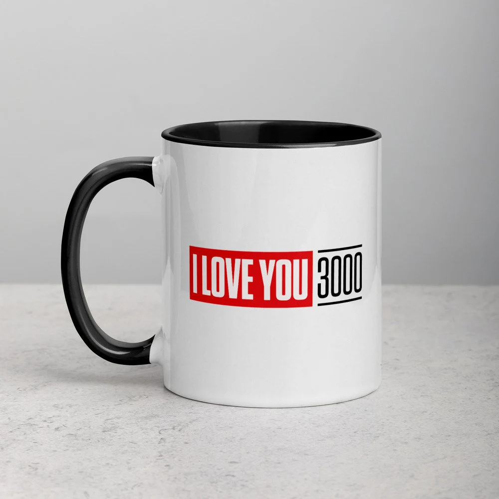 Two tone ceramic mug featuring Iron Man inspired movie quote text design
