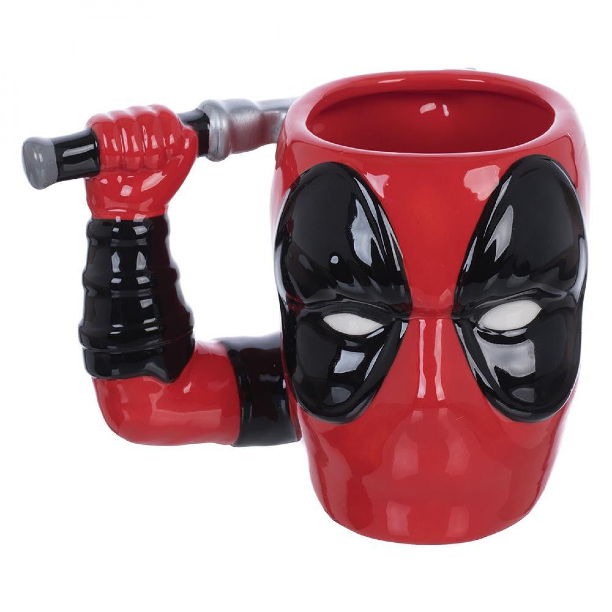 Deadpool Sculpted Ceramic Mug Featuring Arm Handle Holding Sword Handle Detail