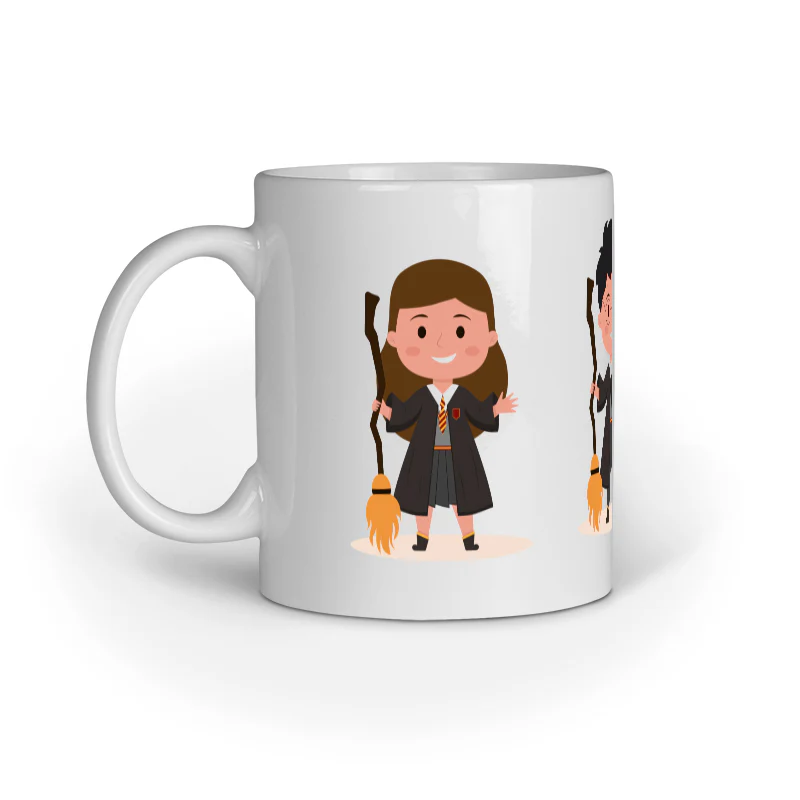 White ceramic mug featuring cartoon Hermione holding a broomstick with Ron in the background
