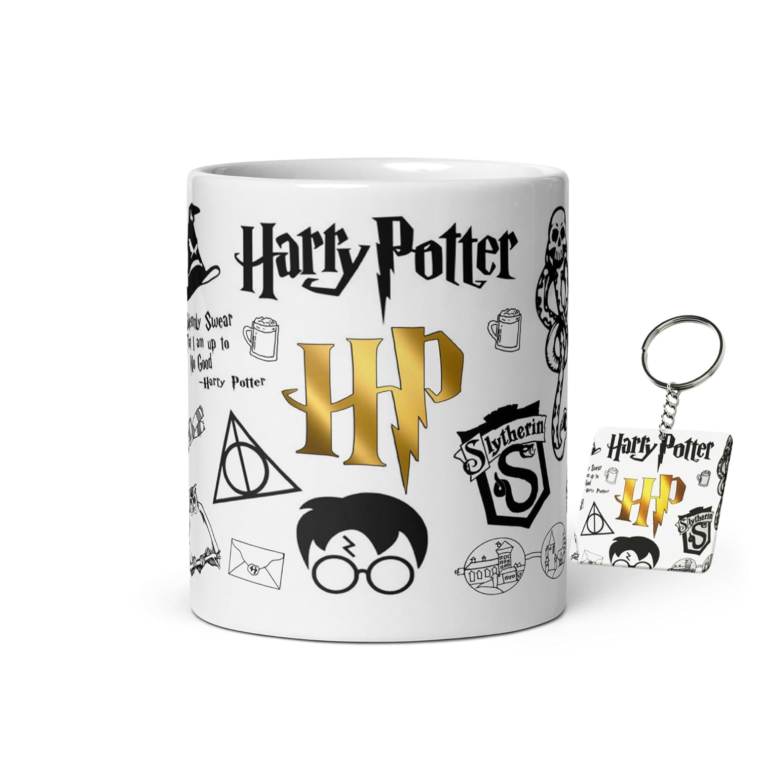 White ceramic Harry Potter mug with various house crests and symbols including a matching keychain set