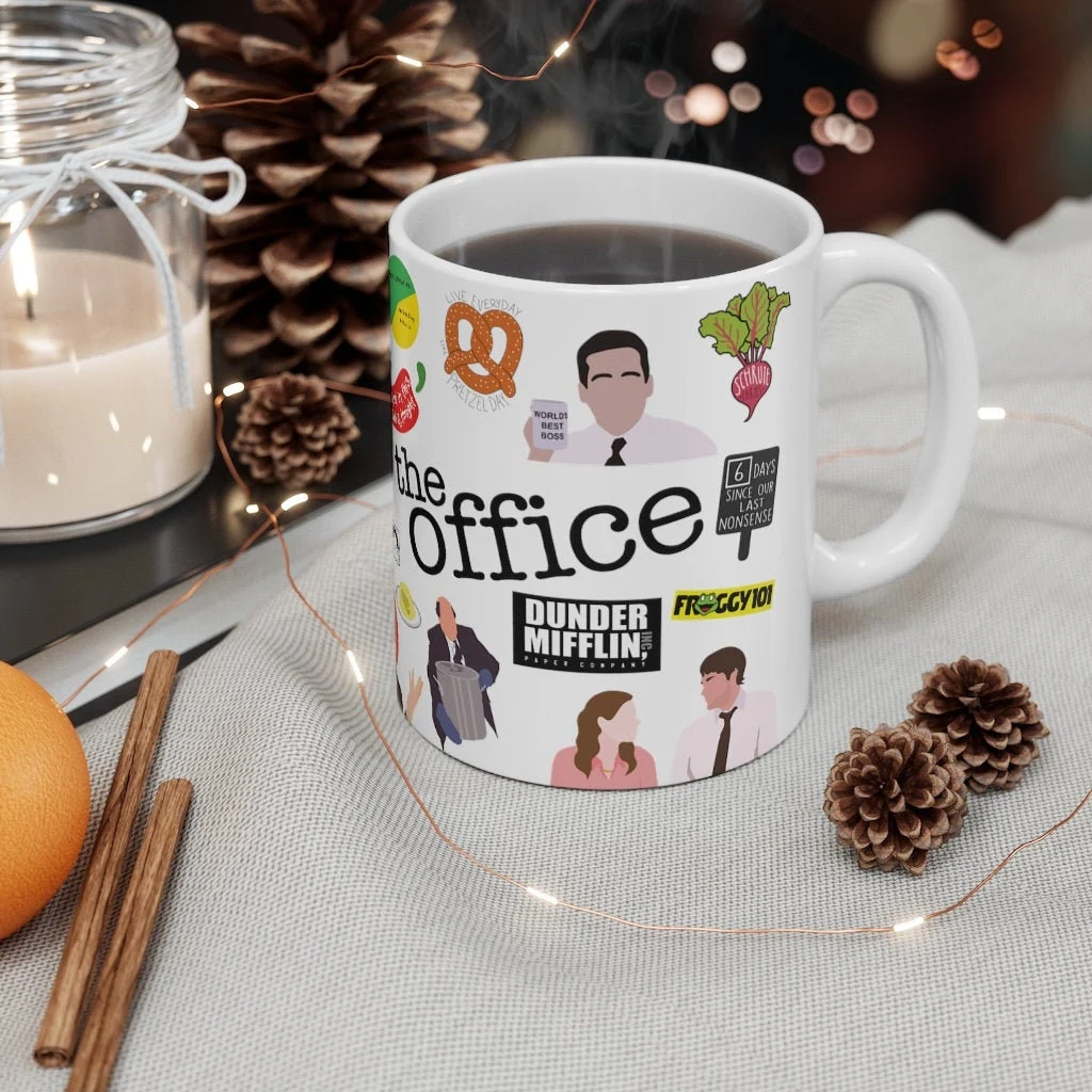 The Office Character Collage Ceramic Coffee Mug with Michael Scott and Dunder Mifflin Logo