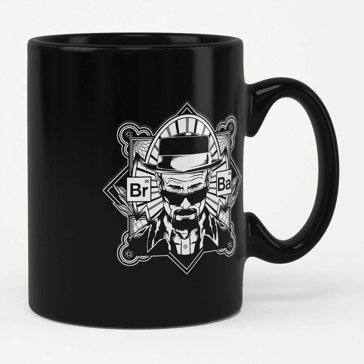Front view of ceramic mug featuring Heisenberg portrait and periodic table elements from Breaking Bad