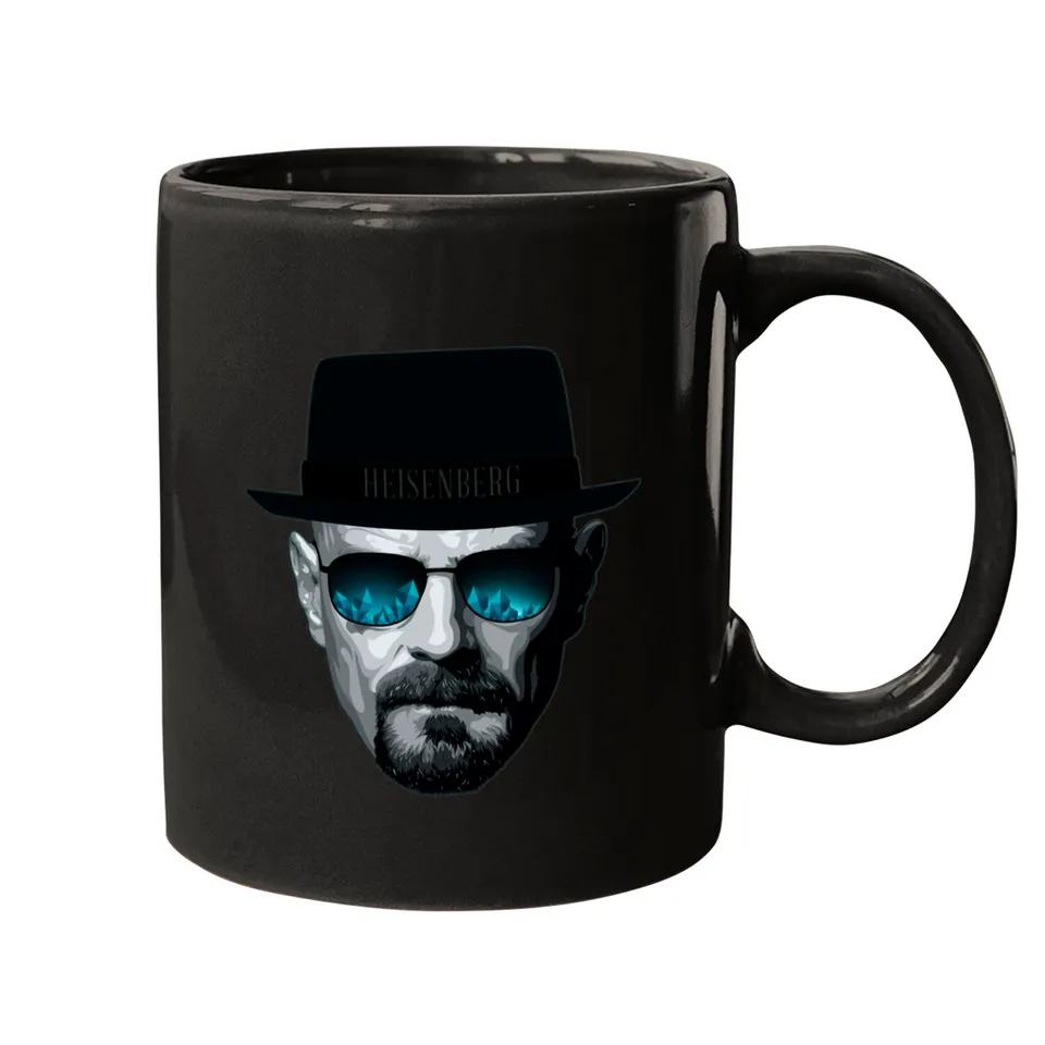 Front view of black ceramic mug featuring Heisenberg portrait with fedora and sunglasses