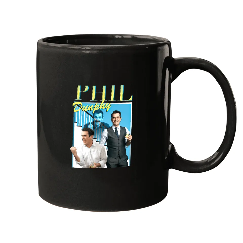 Glossy black ceramic mug featuring a collage of Phil Dunphy from Modern Family with yellow and blue text