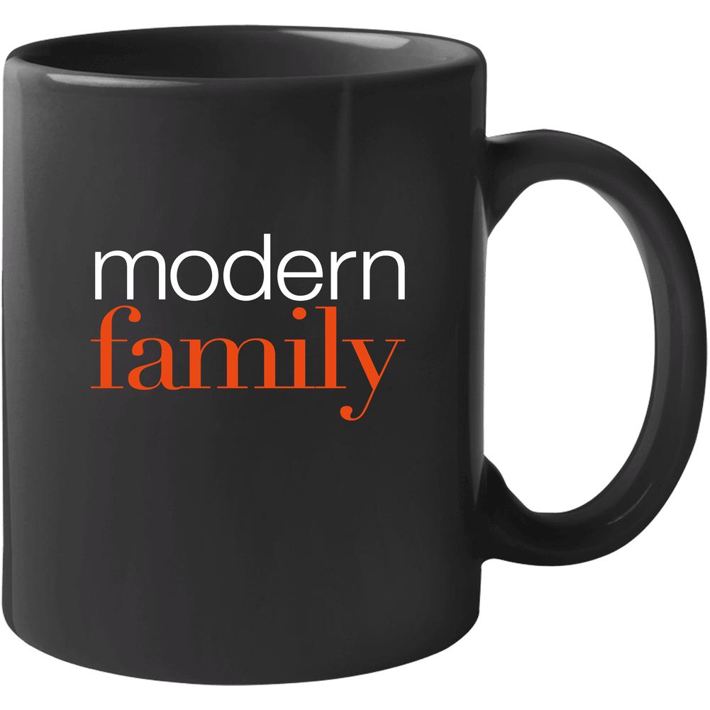 Matte finish coffee mug featuring the Modern Family television series logo in white and orange text