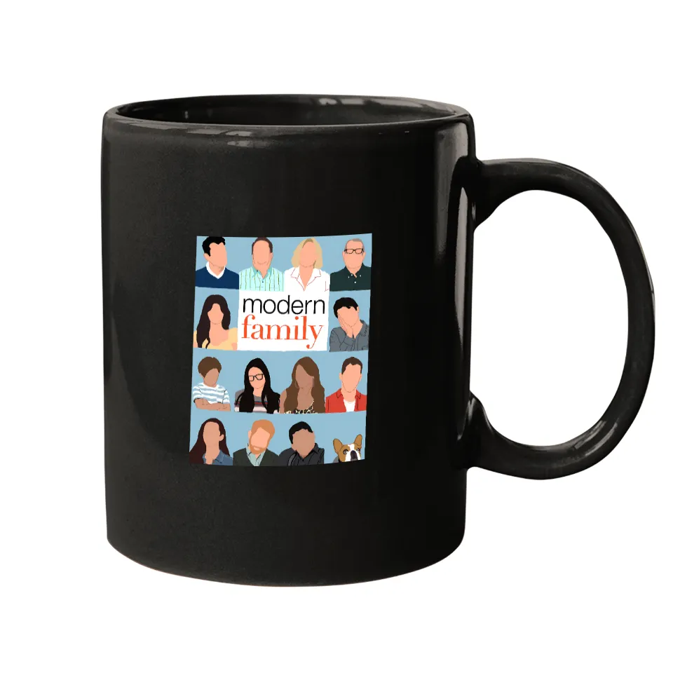 Black ceramic coffee mug featuring Modern Family character illustrations in a grid design