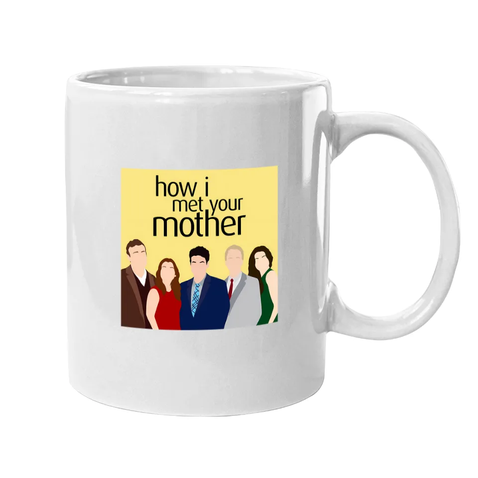 White ceramic mug featuring a minimalist How I Met Your Mother character graphic on a yellow background