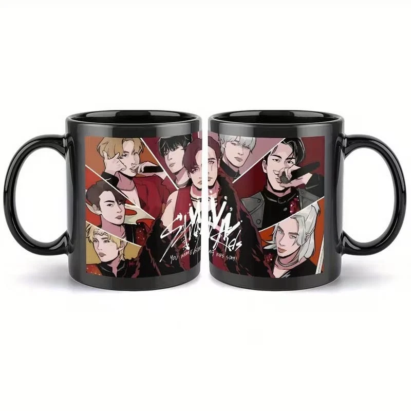 Close Up View Of Stray Kids K Pop Group Illustrated Ceramic Coffee Cup Featuring Group Members