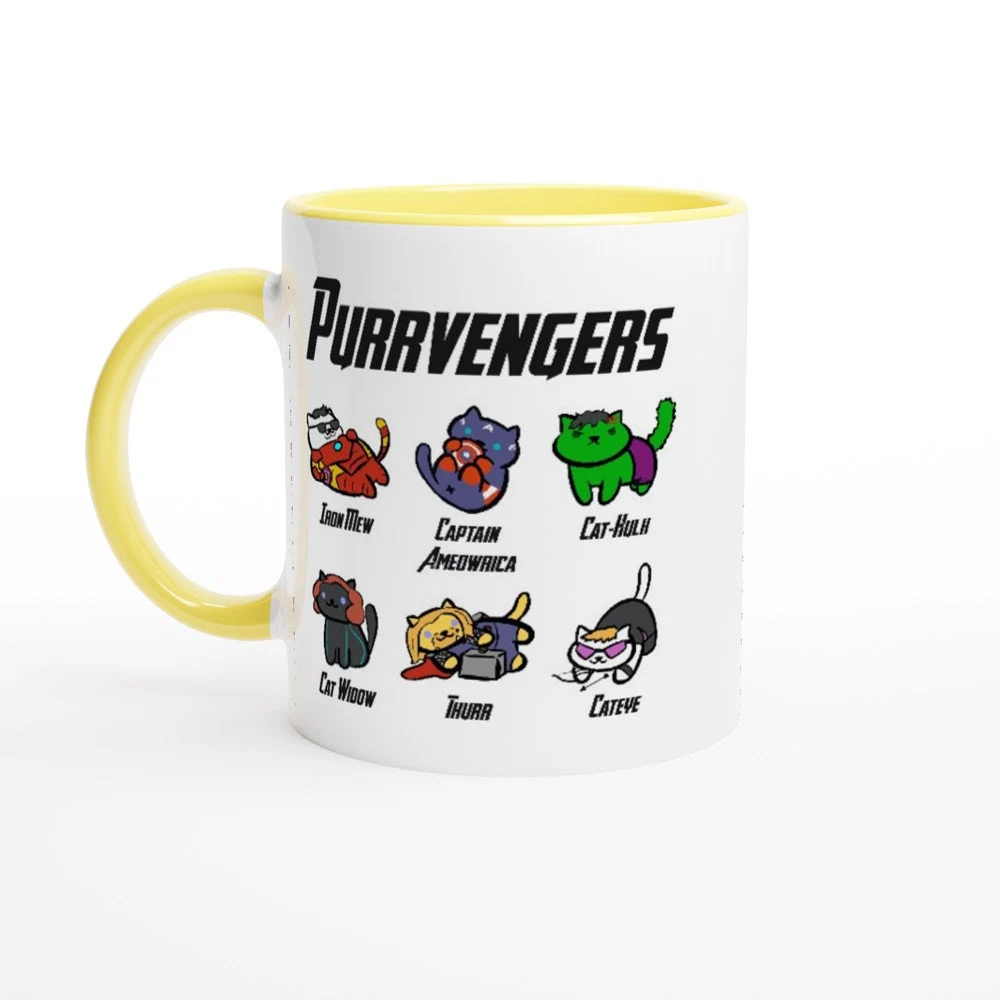 Close up of a 11oz ceramic mug with Purrvengers text and feline superhero illustrations held in hands