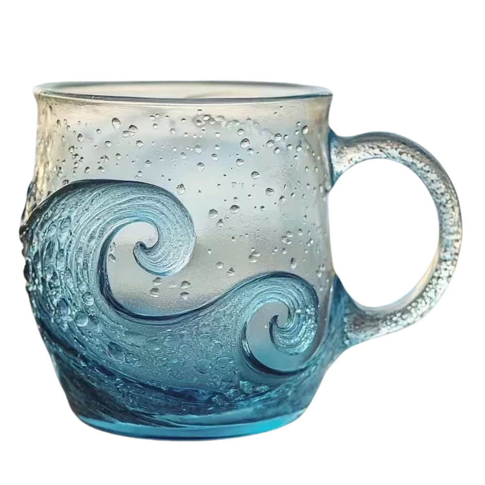 Handcraft Textured Glass Mug with Coastal Wave Pattern
