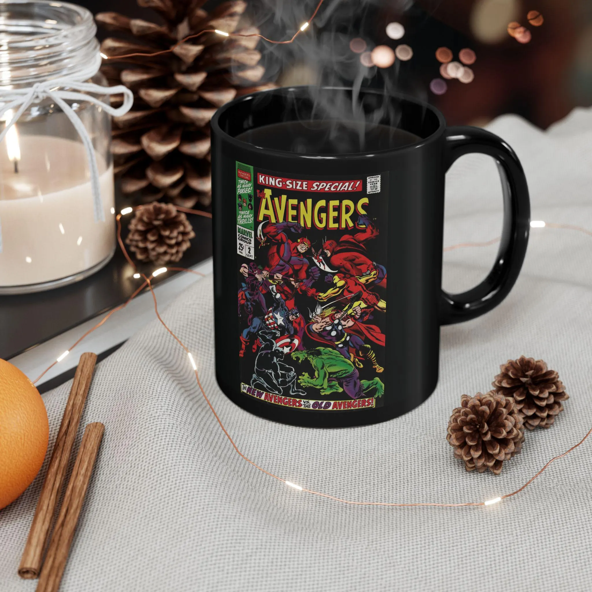 Close up of a ceramic mug featuring an action packed Avengers comic art design with Hulk and Captain America